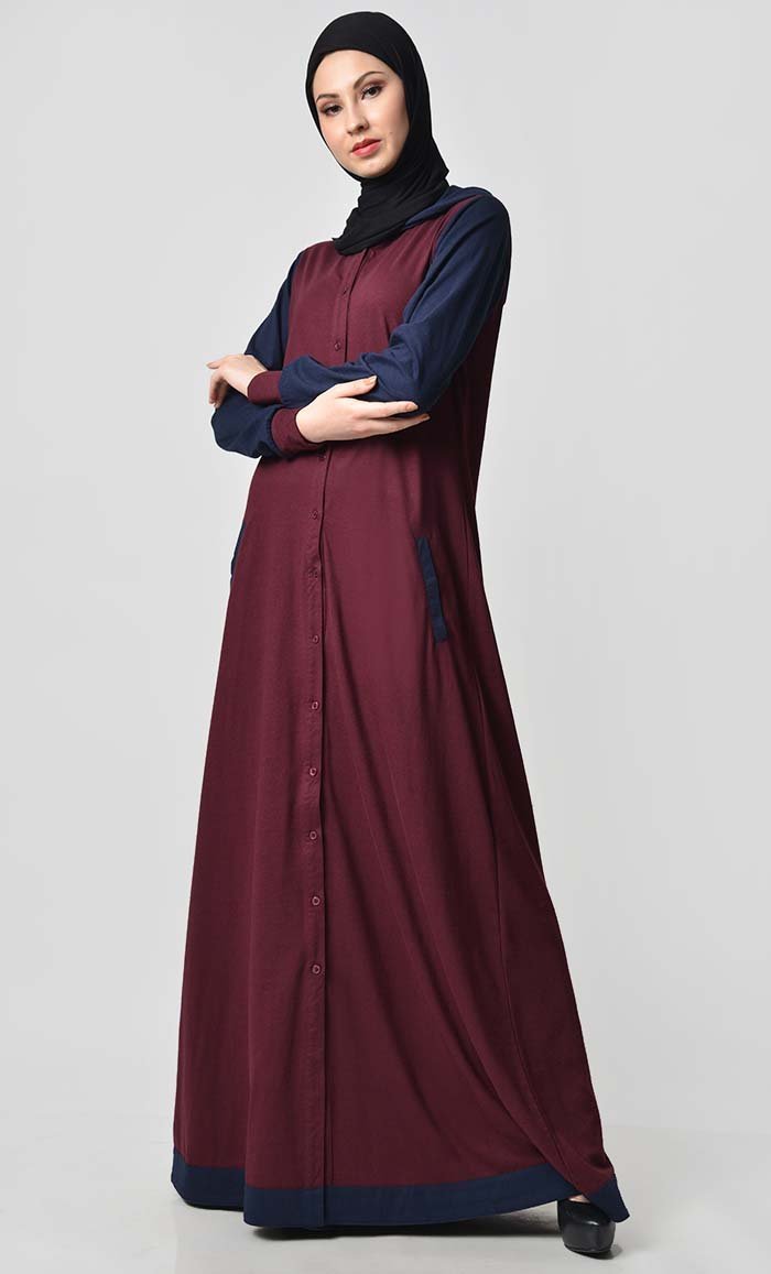 Comfy Hooded Front Open Jersey Abaya - Maroon - EastEssence.com