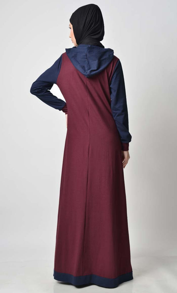 Comfy Hooded Front Open Jersey Abaya - Maroon - EastEssence.com