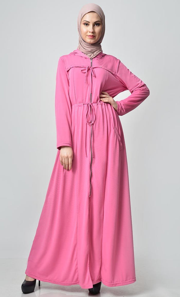 Comfy Hooded Front Zipper Poly Jersey Abaya - EastEssence.com