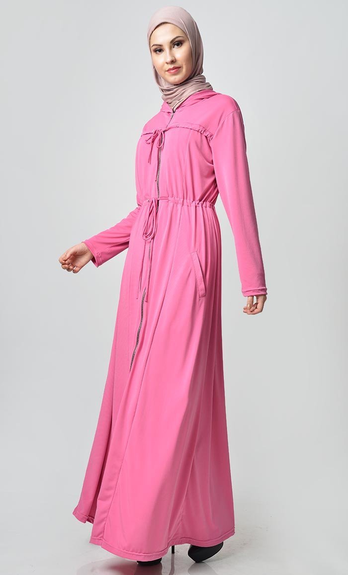 Comfy Hooded Front Zipper Poly Jersey Abaya - EastEssence.com