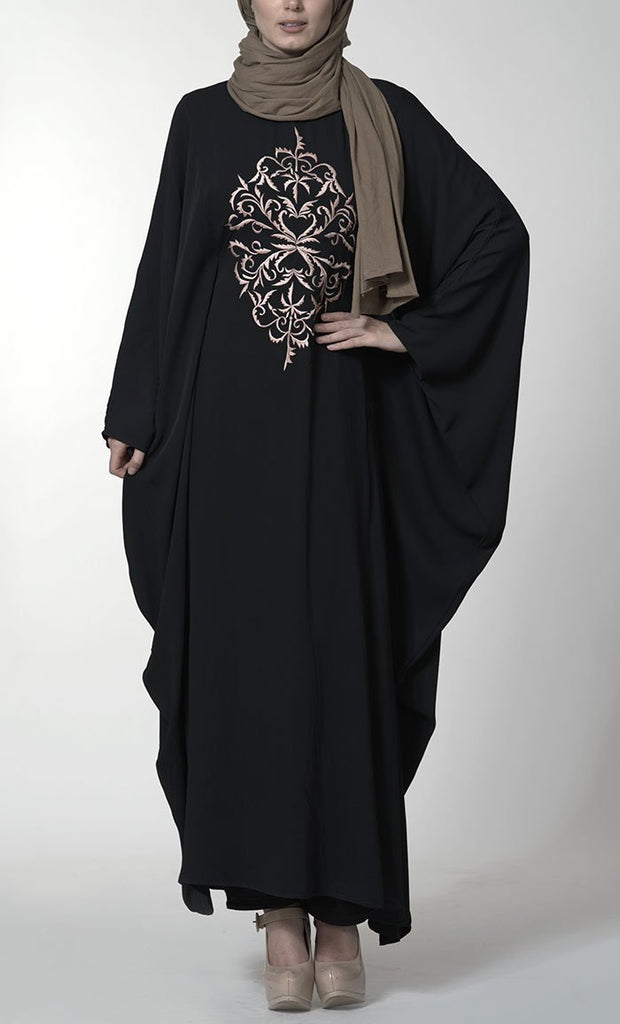 Contrast color embroidered motif kaftan style eid abaya dress - EastEssence.com