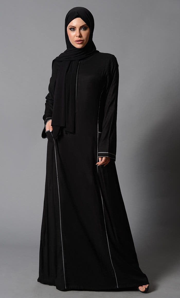 Contrast Piping & Metallic Zip Abaya