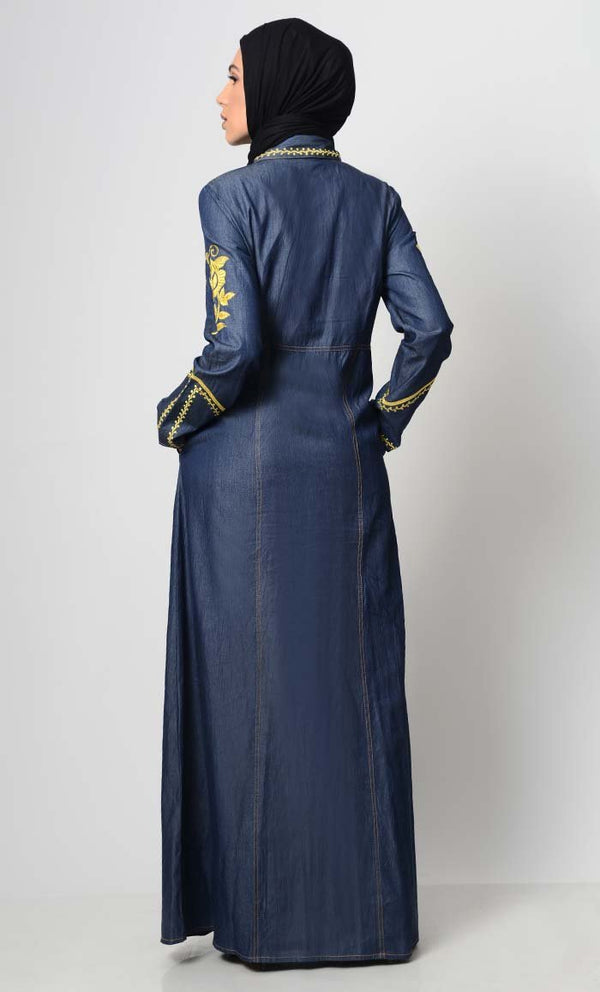 Contrast Embroidered Denim Abaya - EastEssence.com