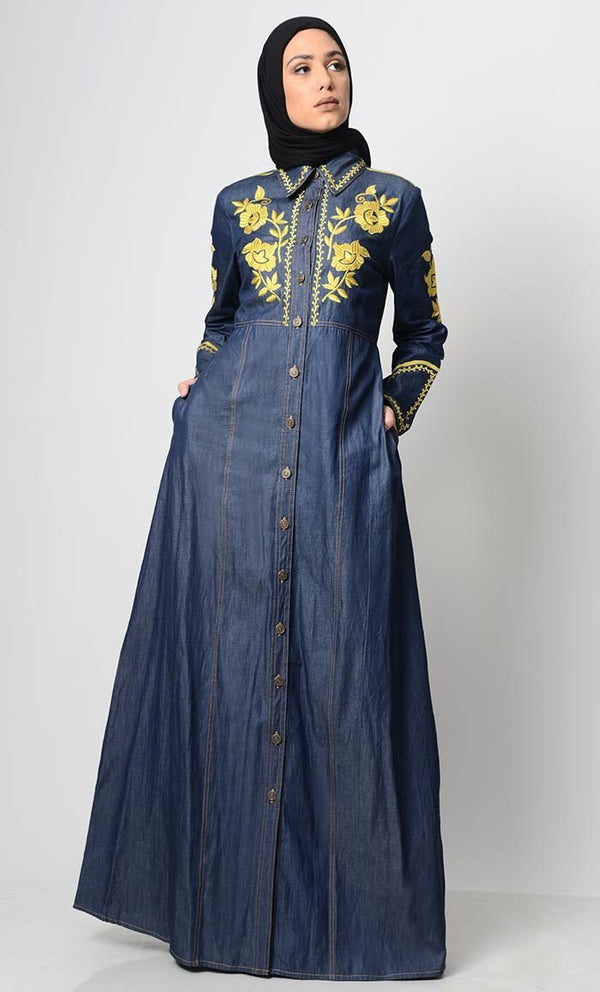 Contrast Embroidered Denim Abaya - EastEssence.com
