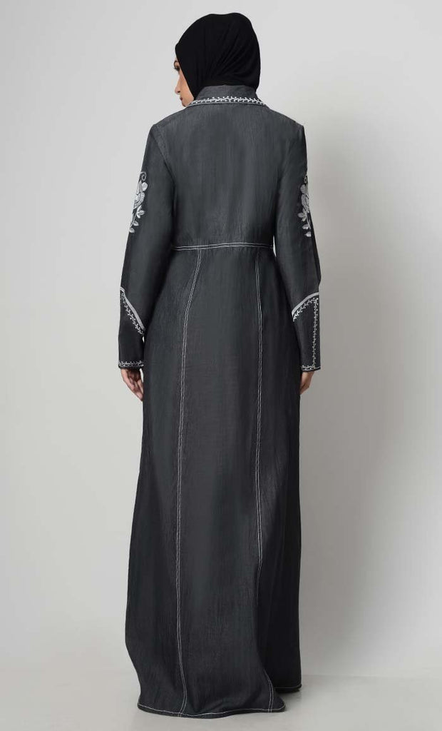 Contrast Embroidered Denim Abaya