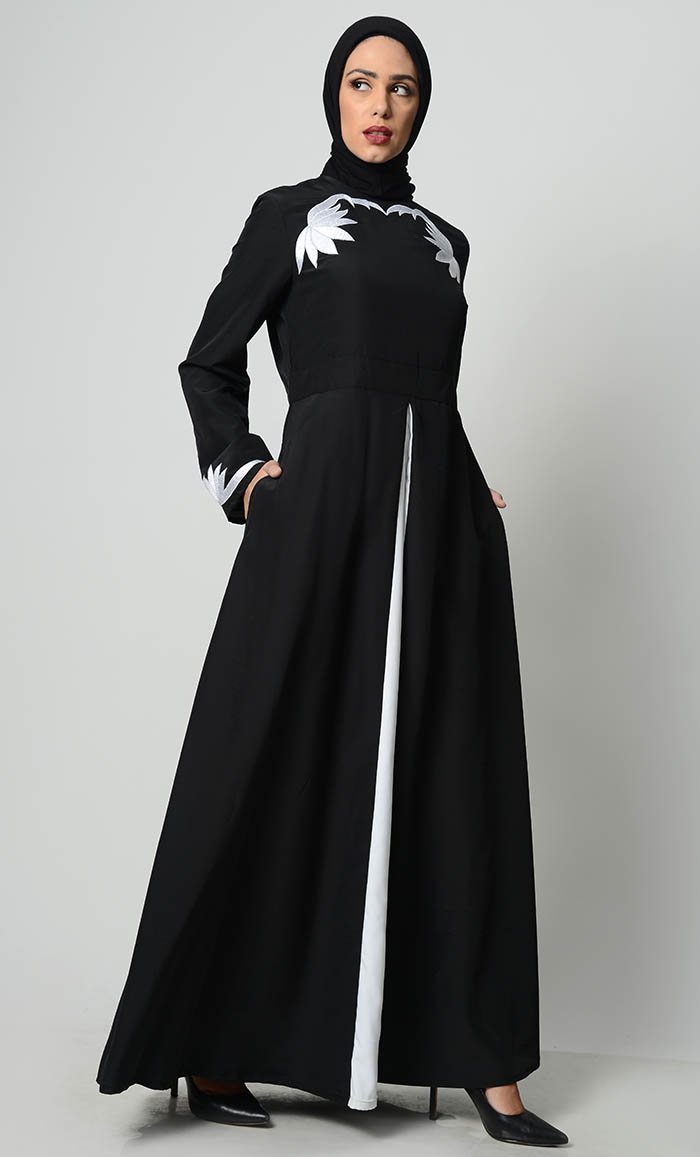 Contrast Embroidered Grace Abaya-Black - EastEssence.com