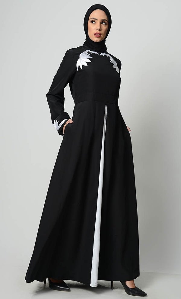 Contrast Embroidered Grace Abaya-Black - EastEssence.com