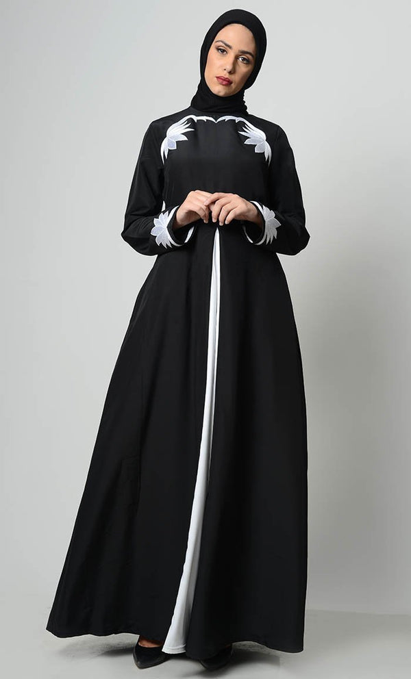 Contrast Embroidered Grace Abaya-Black - EastEssence.com