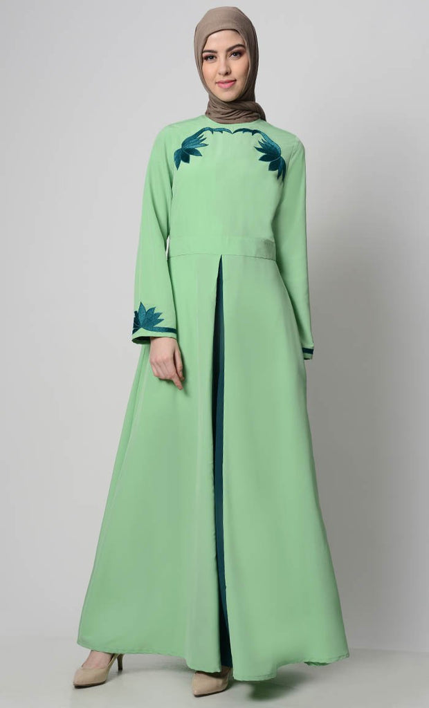 Contrast Embroidered Grace Abaya-Mint Green - EastEssence.com