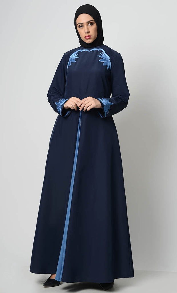 Contrast Embroidered Grace Abaya-Navy