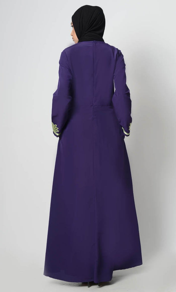 Contrast Embroidered Grace Abaya-Purple - EastEssence.com