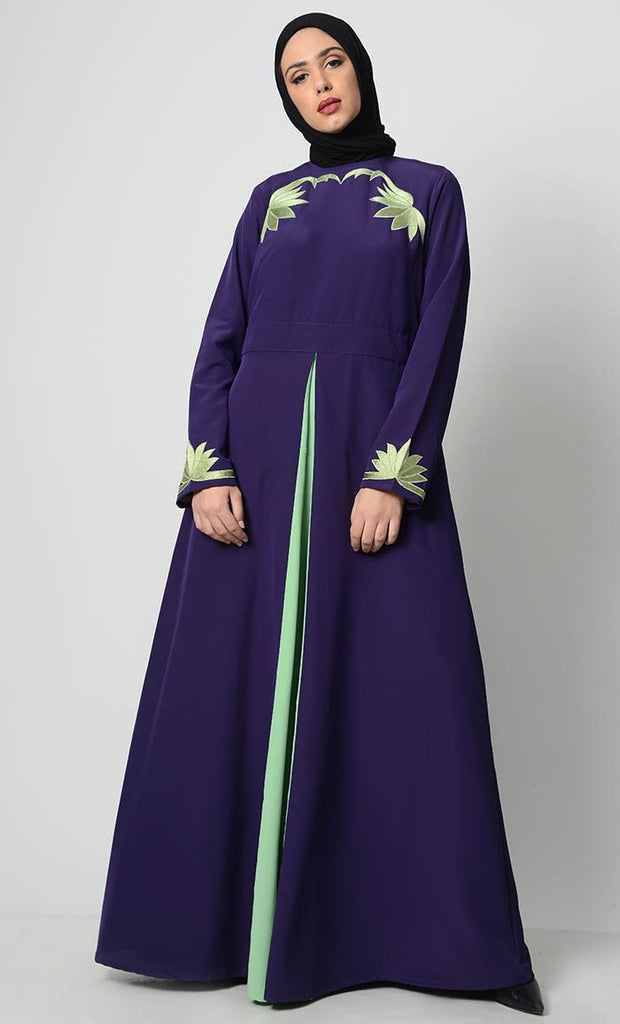Contrast Embroidered Grace Abaya-Purple - EastEssence.com