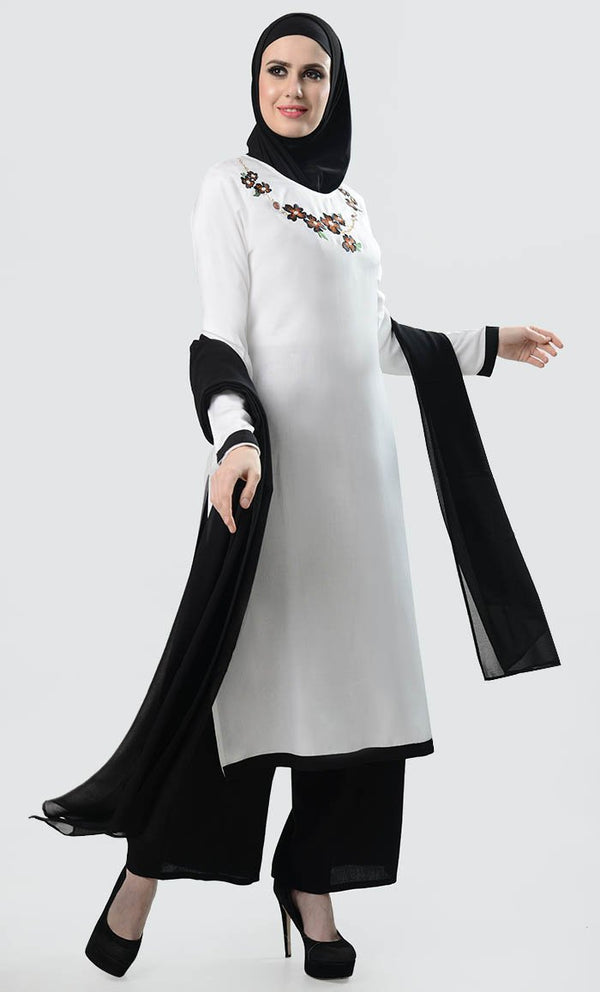 Contrast Embroidred Floral 3Pc Suit Set - White - EastEssence.com