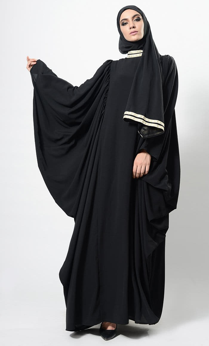 Contrast Lace Work Cowl Sleeves Abaya & Hijab Set