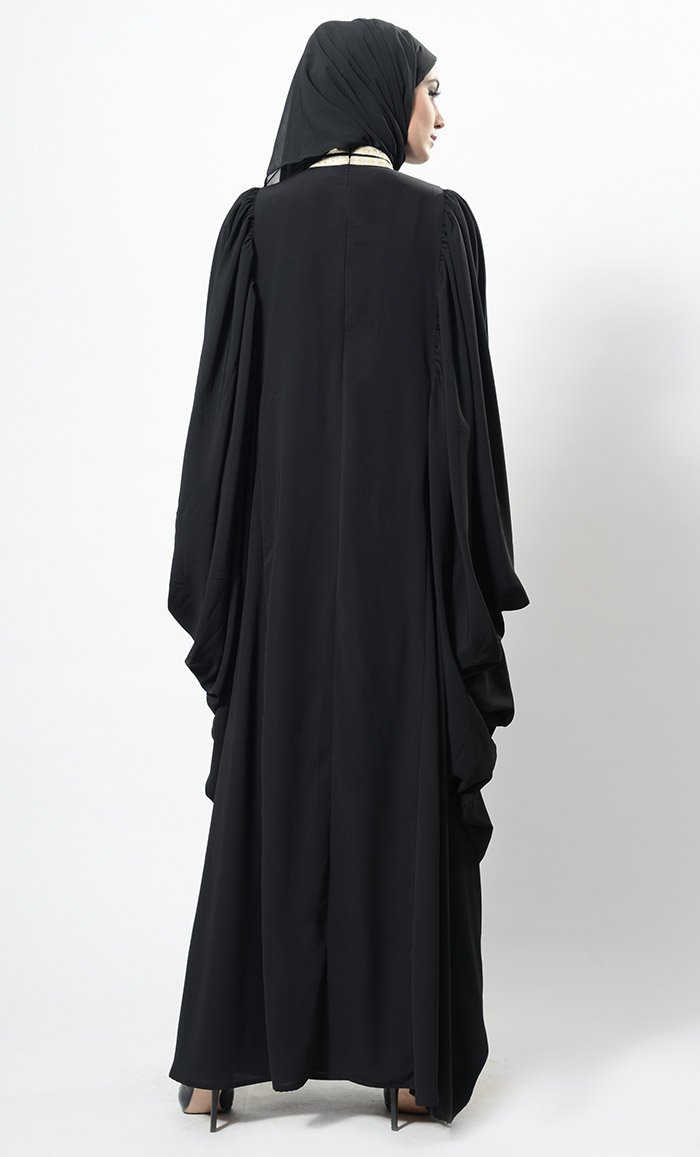 Contrast Lace Work Cowl Sleeves Abaya Dress And Hijab Set - EastEssence.com