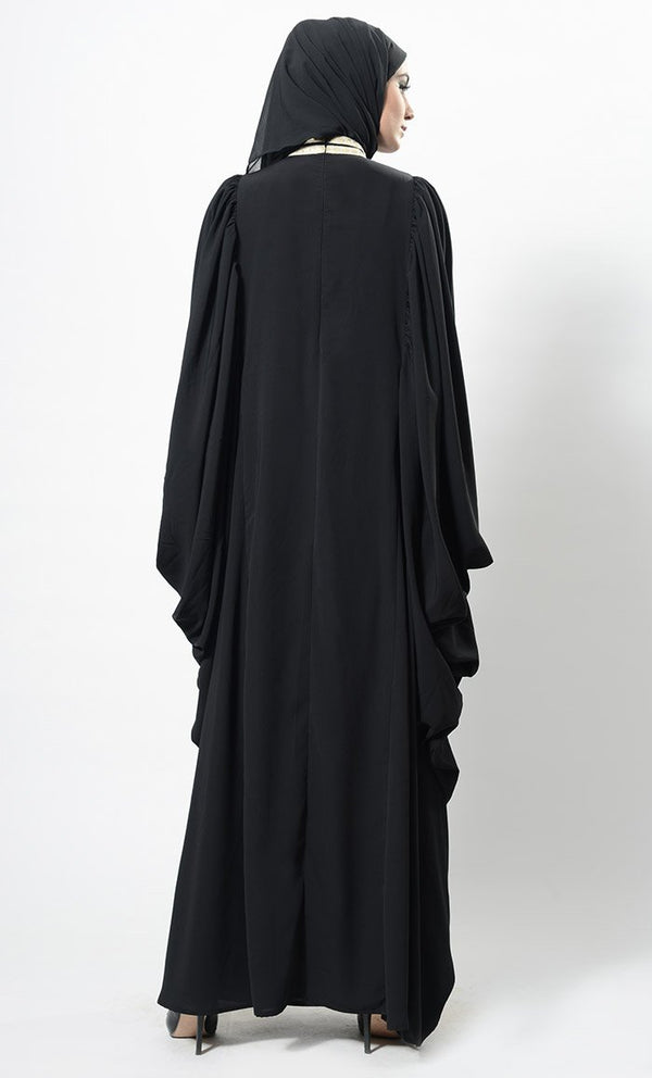 Contrast Lace Work Cowl Sleeves Abaya Dress And Hijab Set - EastEssence.com