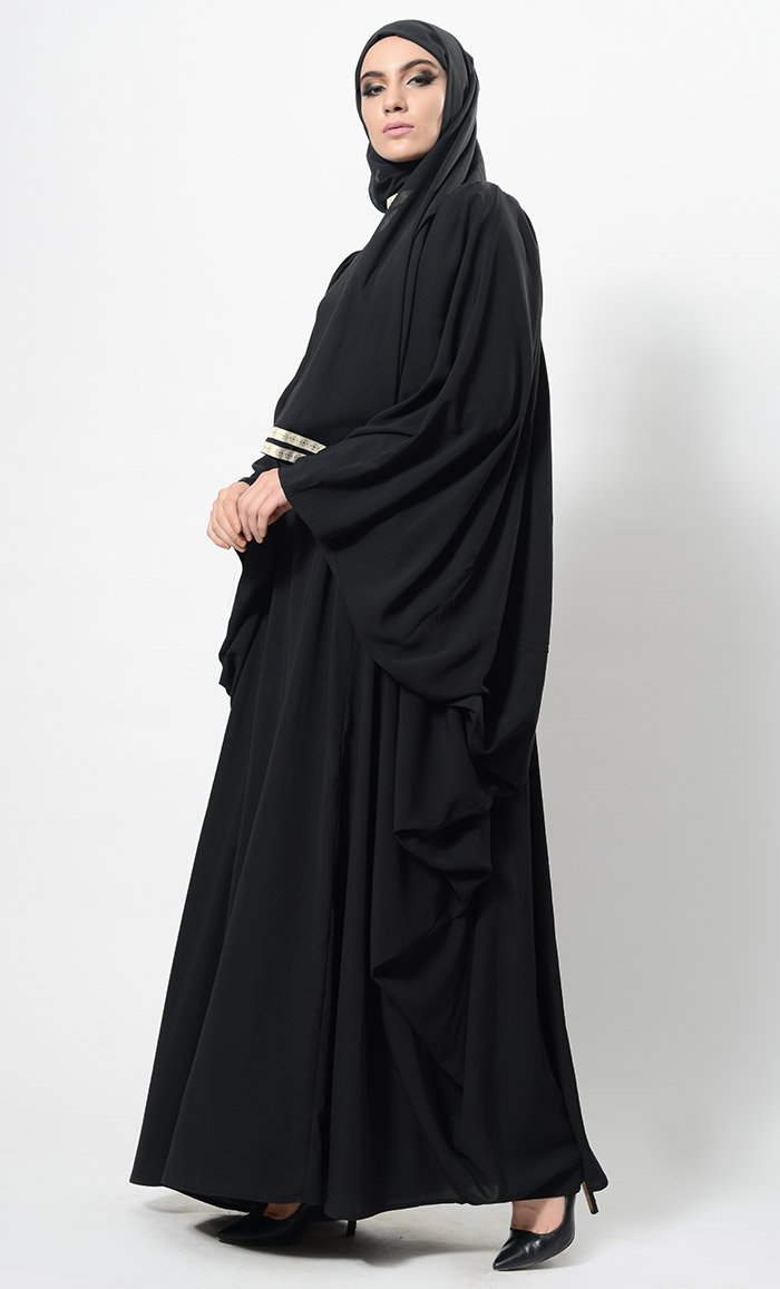 Contrast Lace Work Cowl Sleeves Abaya Dress And Hijab Set - EastEssence.com