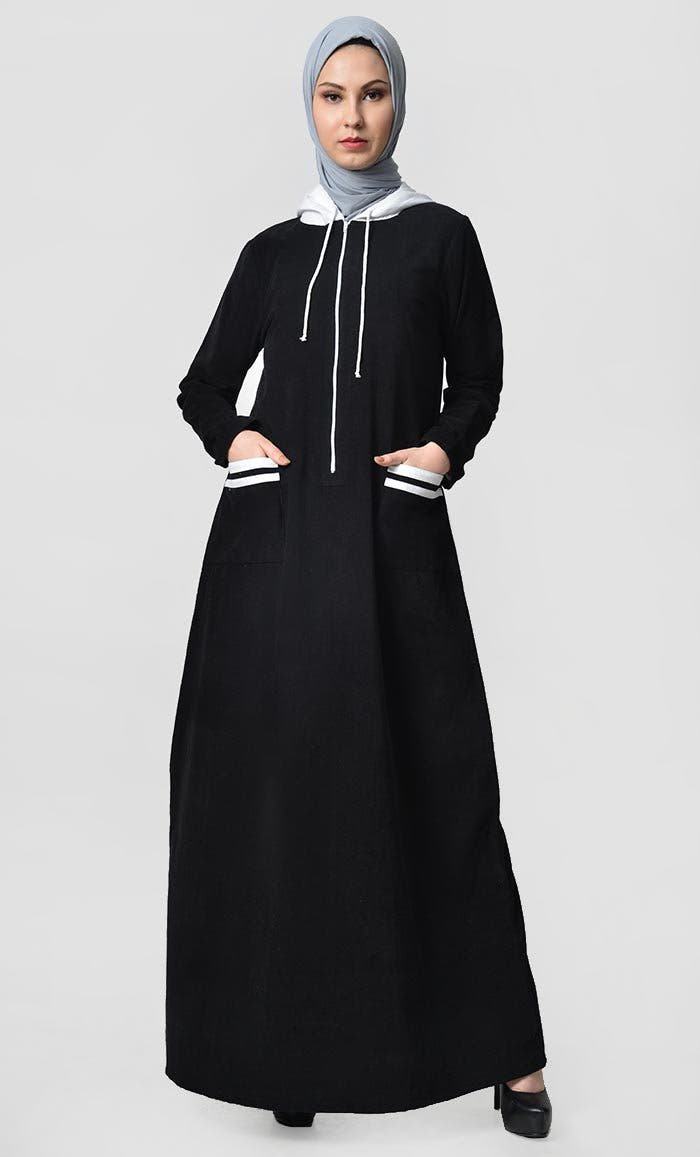Abaya à rayures contrastées et capuche - Noir