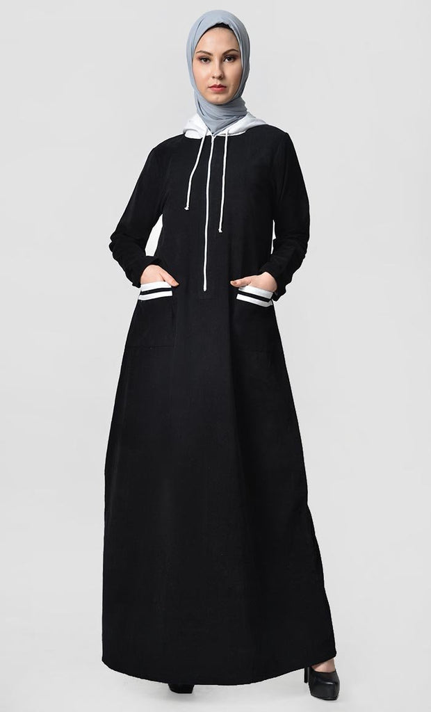 Contrast Stripe & Hood Detail Abaya Dress - Black - EastEssence.com