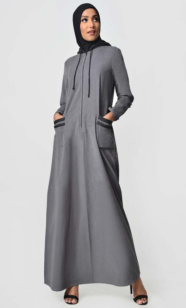 Contrast Stripe & Hood Detail Abaya Dress - Grey - EastEssence.com