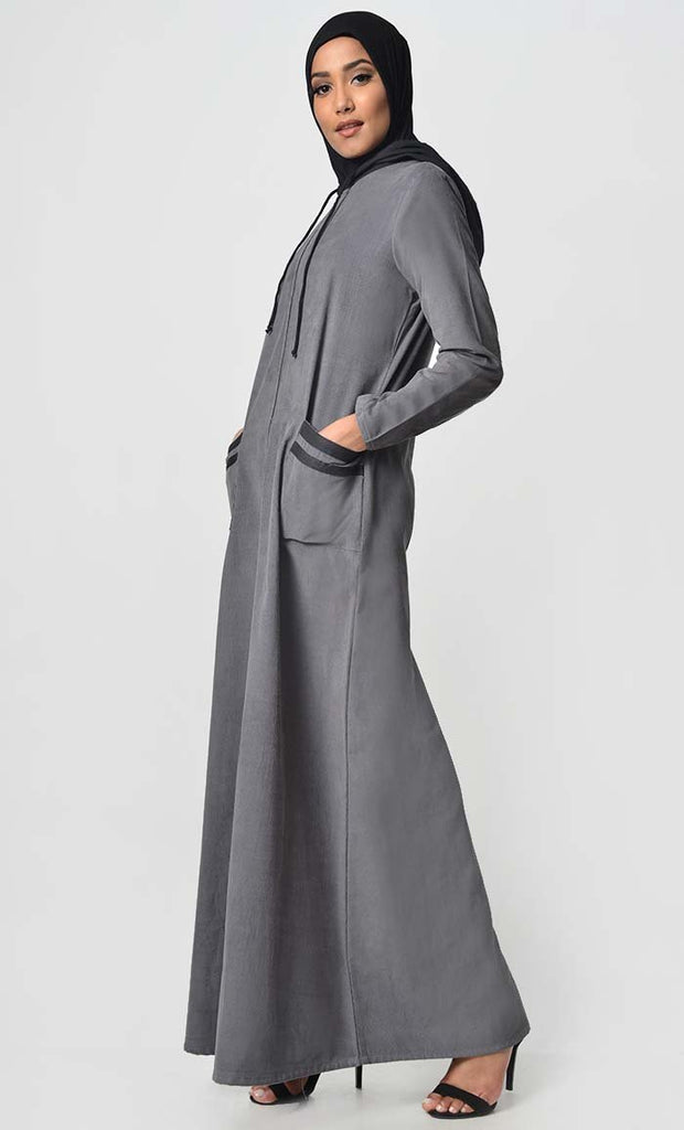 Contrast Stripe & Hood Detail Abaya Dress - Grey - EastEssence.com