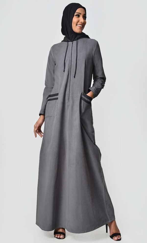 Contrast Stripe & Hood Detail Abaya Dress - Grey - EastEssence.com