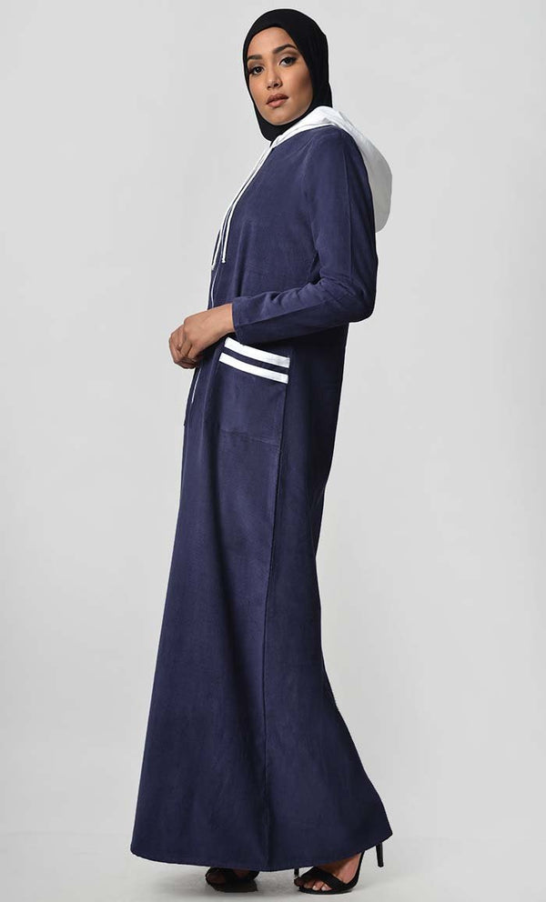Contrast Stripe & Hood Detail Abaya Dress - Navy - EastEssence.com