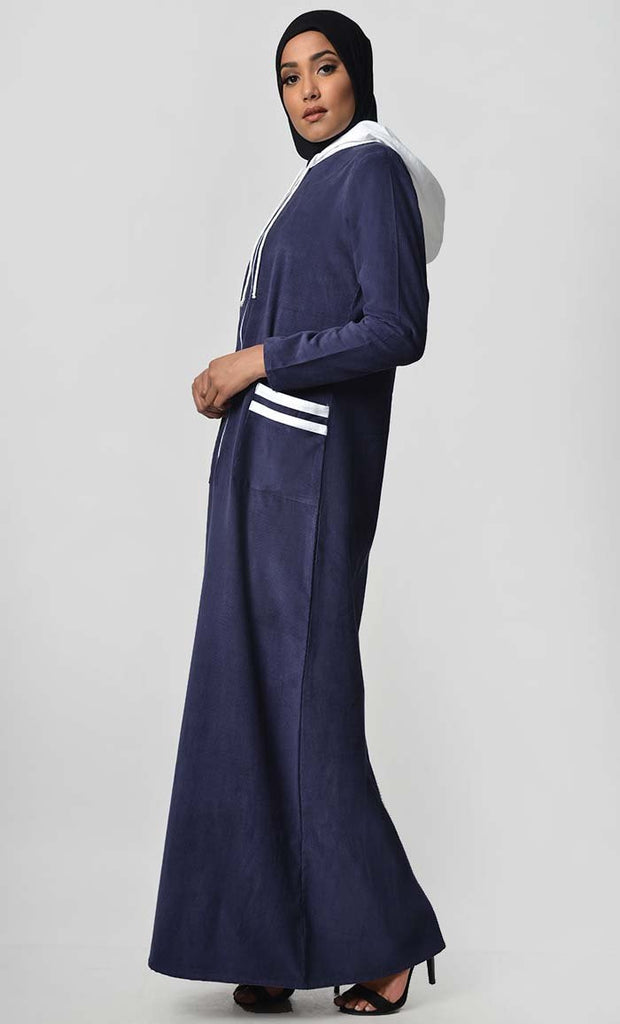 Contrast Stripe & Hood Detail Abaya Dress - Navy - EastEssence.com