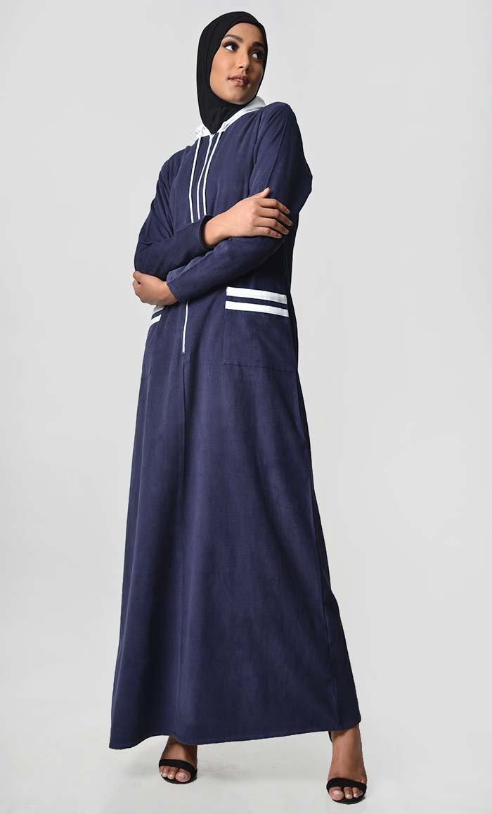 Contrast Stripe & Hood Detail Abaya Dress - Navy - EastEssence.com