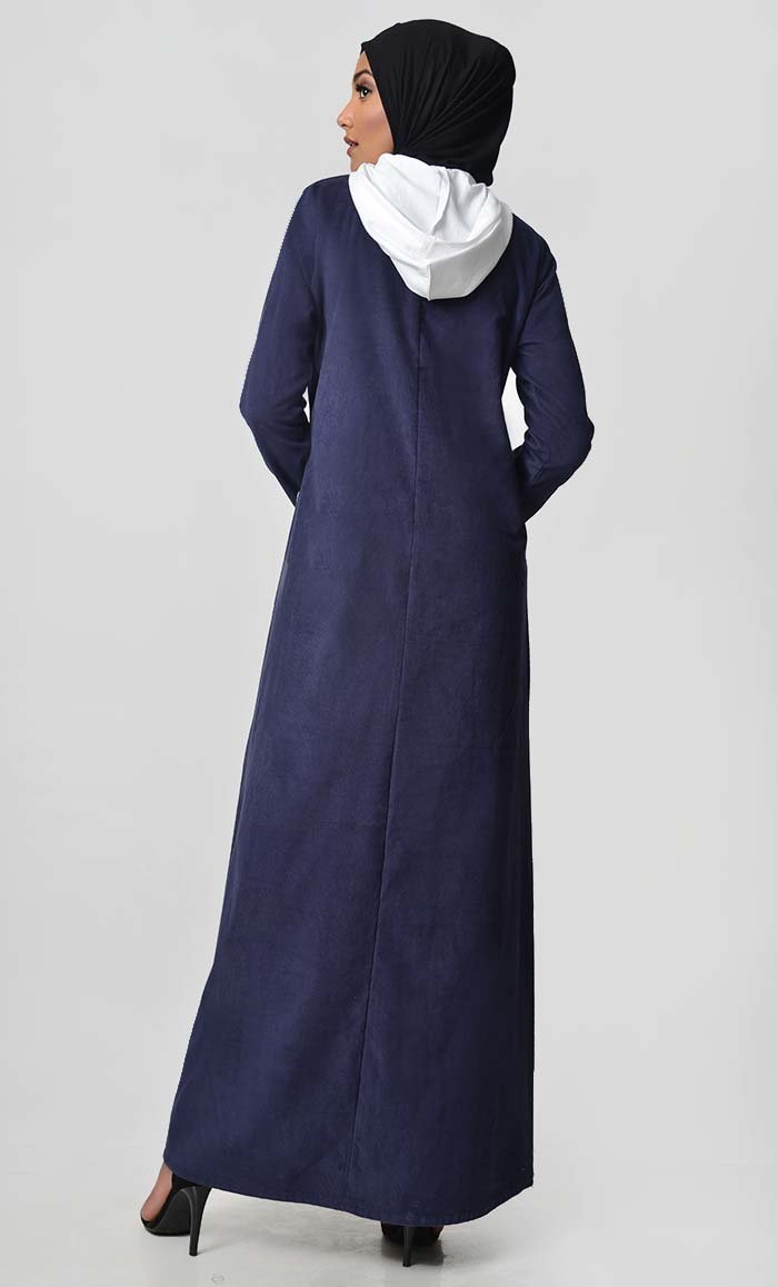 Contrast Stripe & Hood Detail Abaya Dress - Navy - EastEssence.com