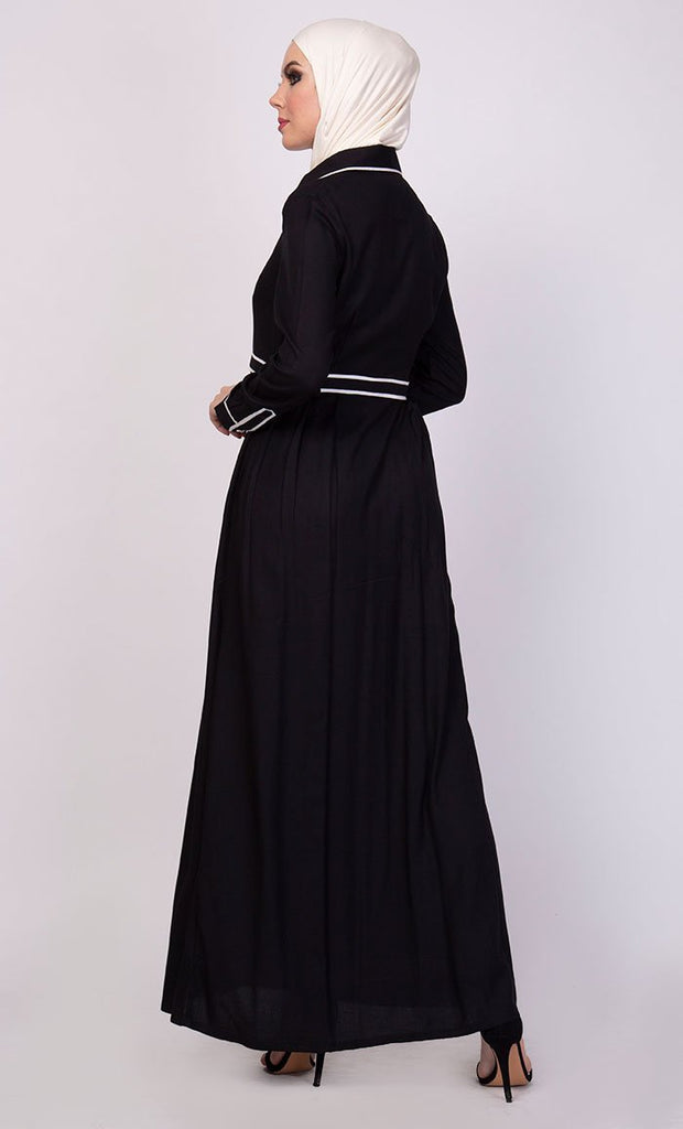 Contrast Trims Detail Shirt Style Long Abaya Dress - EastEssence.com