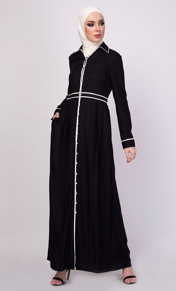 Contrast Trims Detail Shirt Style Long Abaya Dress - EastEssence.com