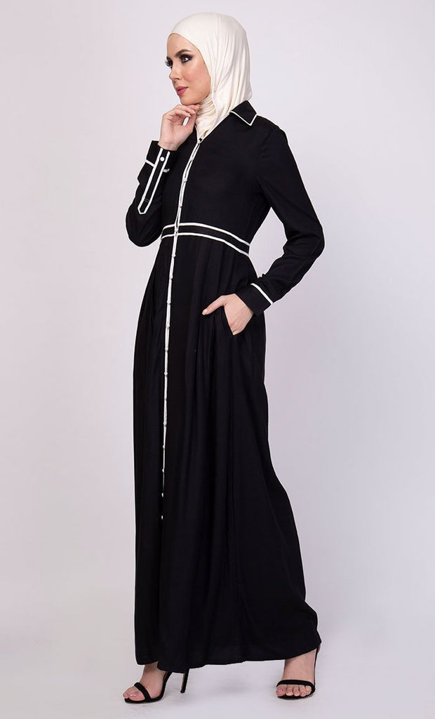 Contrast Trims Detail Shirt Style Long Abaya Dress - EastEssence.com