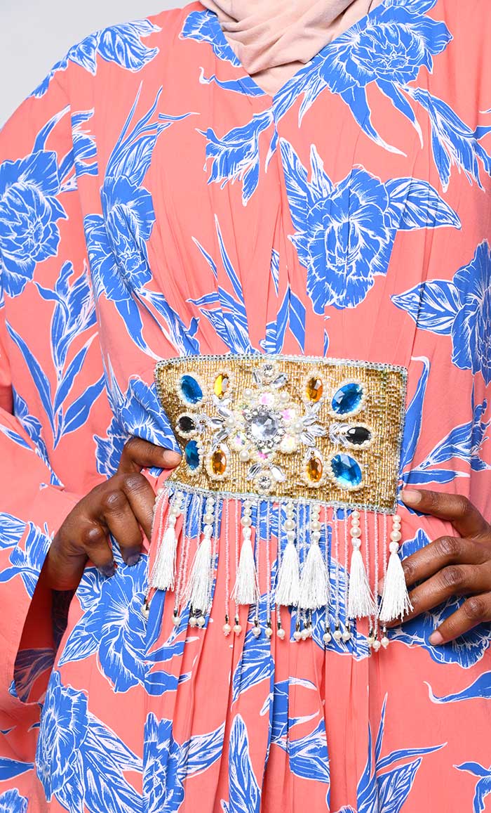 Contrasted Floral Printed Applique Work Detailing Full Flairy Kaftan - EastEssence.com