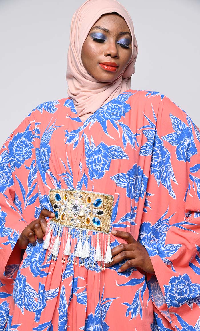 Contrasted Floral Printed Applique Work Detailing Full Flairy Kaftan - EastEssence.com