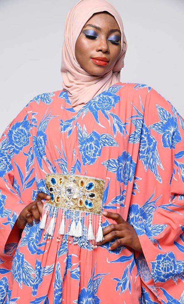 Contrasted Floral Printed Applique Work Detailing Full Flairy Kaftan - EastEssence.com