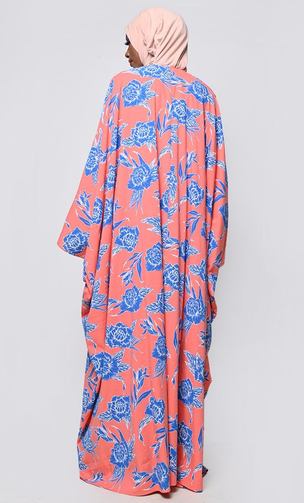 Contrasted Floral Printed Applique Work Detailing Full Flairy Kaftan - EastEssence.com