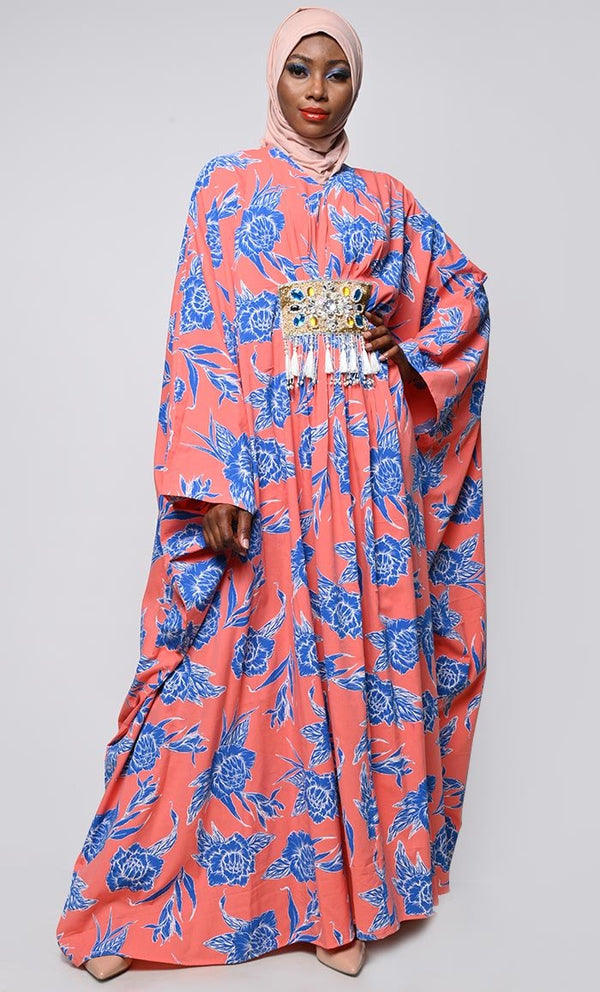 Contrasted Floral Printed Applique Work Detailing Full Flairy Kaftan - EastEssence.com