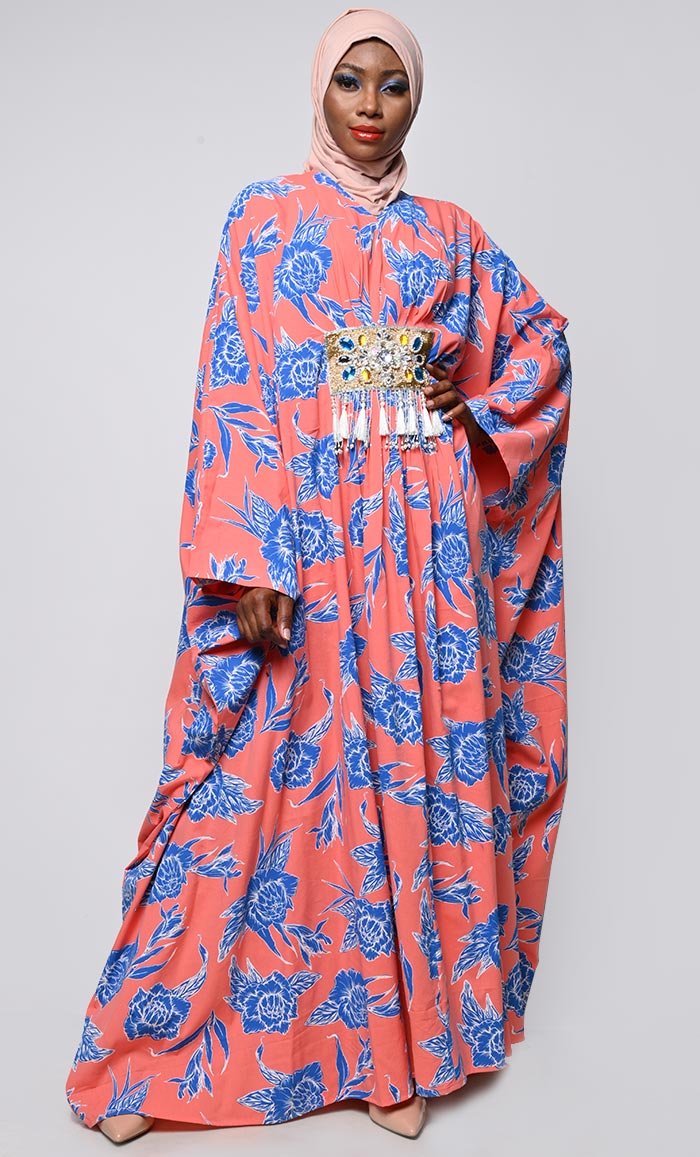Contrasted Floral Printed Applique Work Detailing Full Flairy Kaftan - EastEssence.com