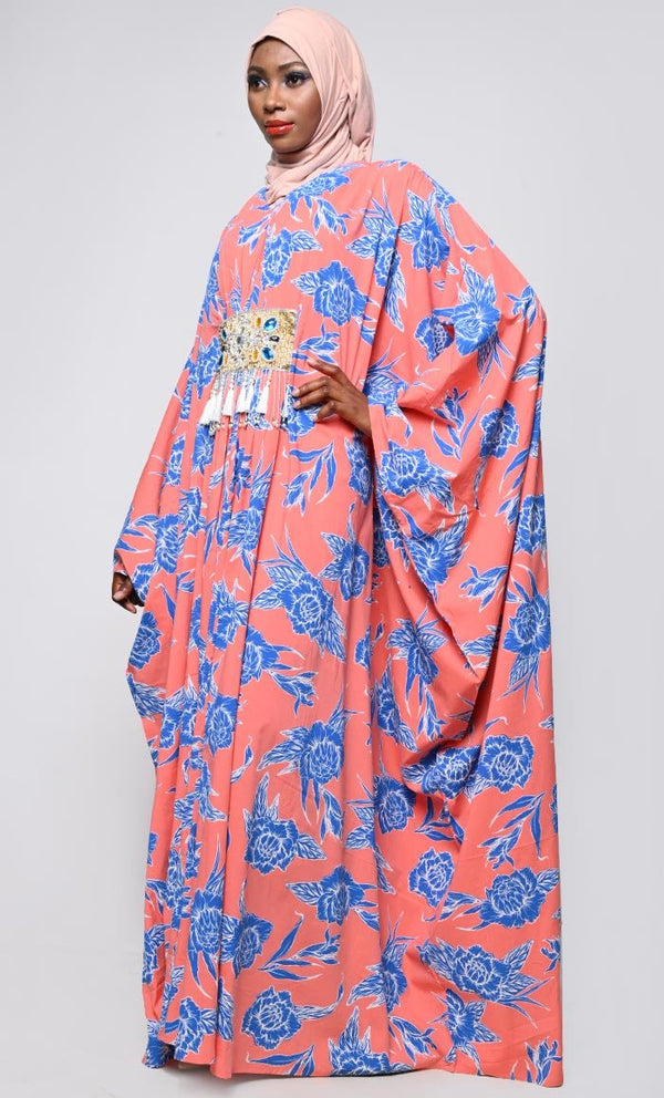 Contrasted Floral Printed Applique Work Detailing Full Flairy Kaftan - EastEssence.com