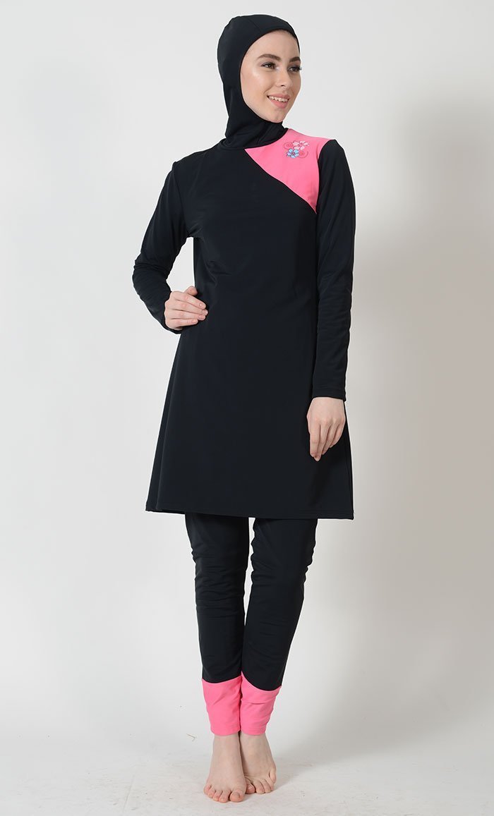 Contrasting Panel And Flower Embroidered Swimwear Burkini Three Piece Set - EastEssence.com