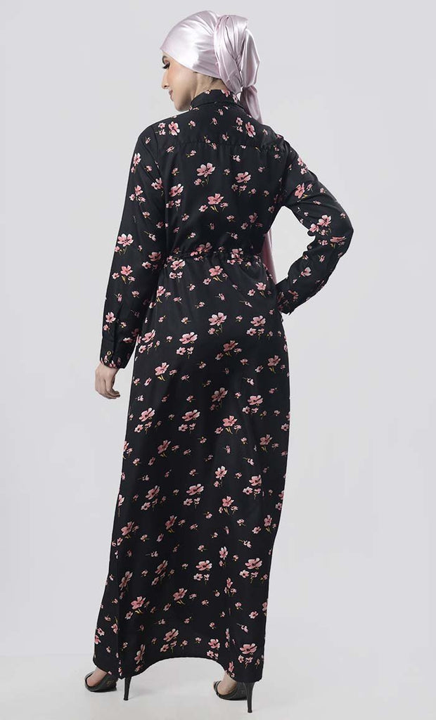 Cool Front Button Down Black Floral Printed Abaya - EastEssence.com