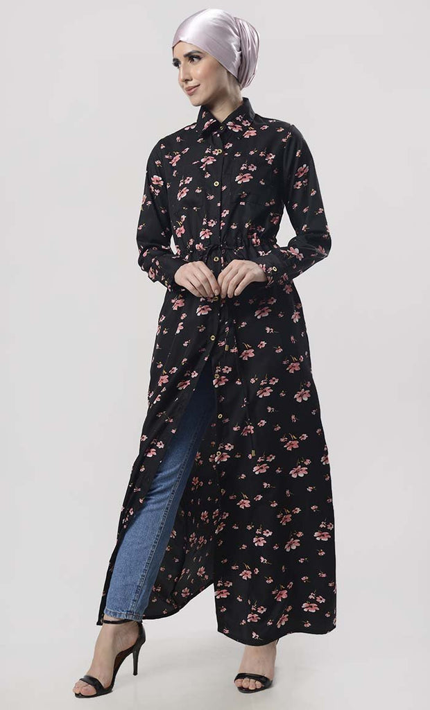 Cool Front Button Down Black Floral Printed Abaya - EastEssence.com