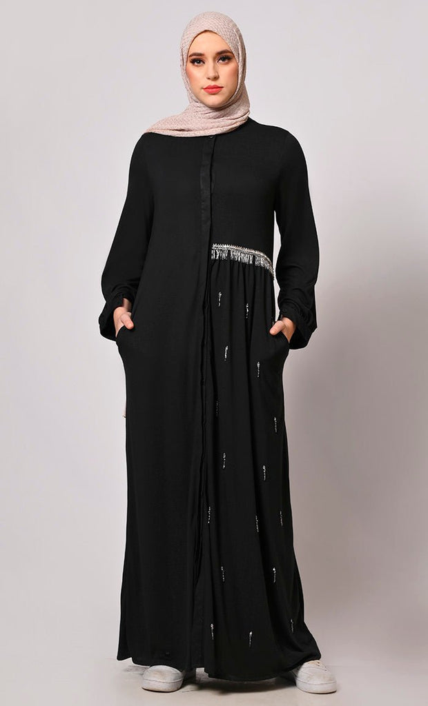 Crafted With Care: Black Abaya with one side waist Gathers and Handwork - EastEssence.com