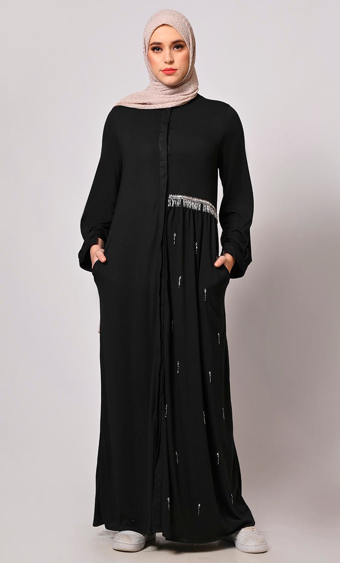 Crafted With Care: Black Abaya with one side waist Gathers and Handwor ...