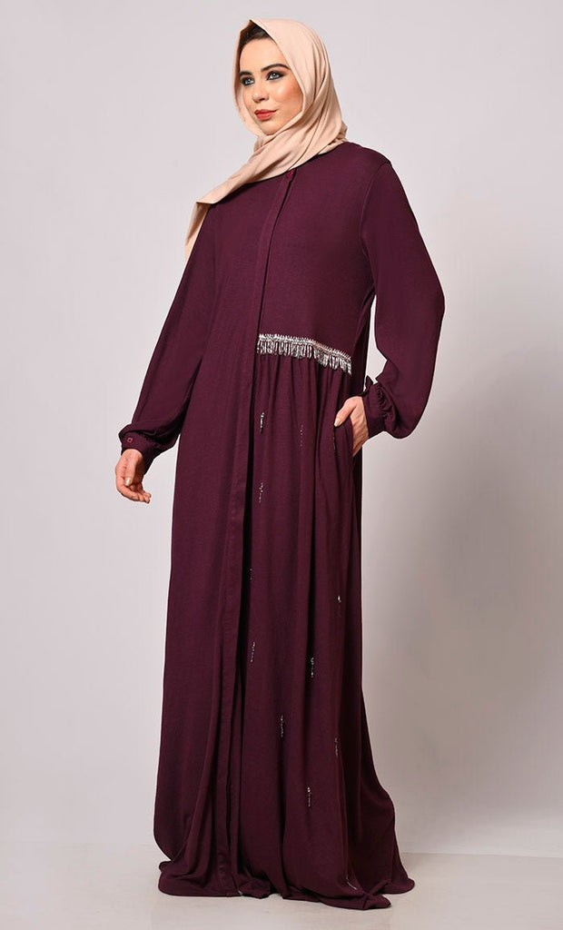 Crafted With Care: Wine Abaya with one side waist Gathers and Handwork - EastEssence.com