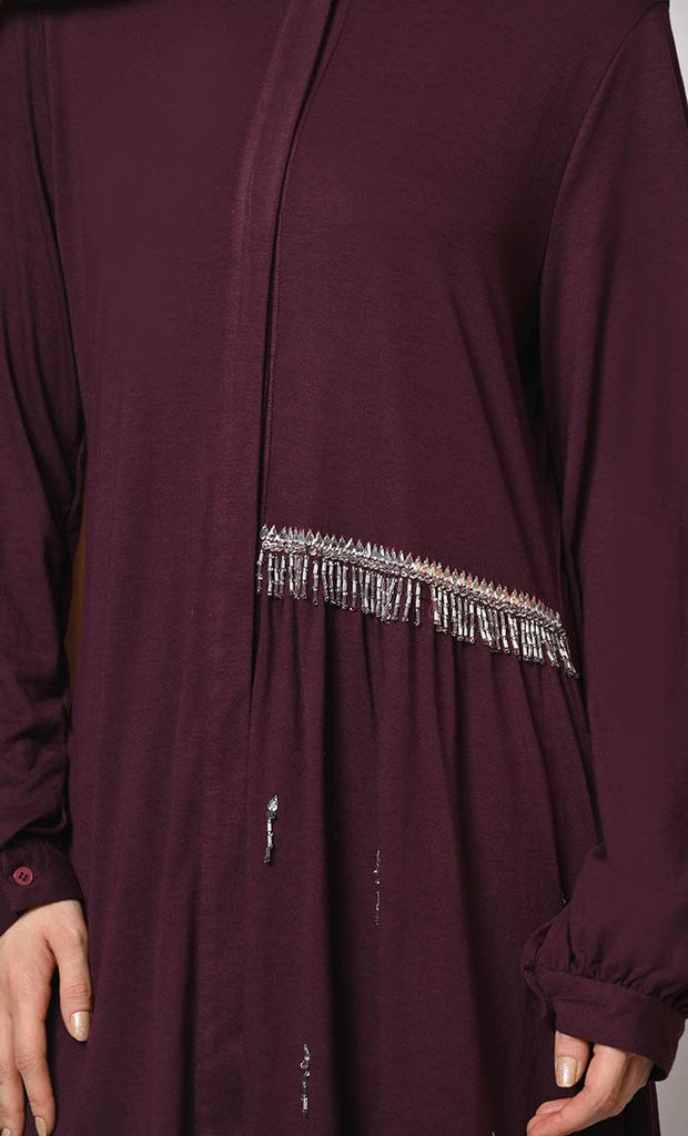 Crafted With Care: Wine Abaya with one side waist Gathers and Handwork - EastEssence.com