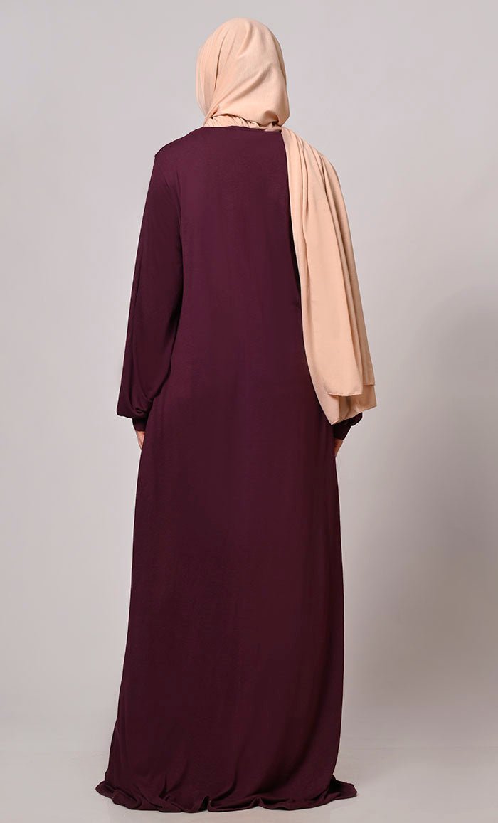 Crafted With Care: Wine Abaya with one side waist Gathers and Handwork - EastEssence.com