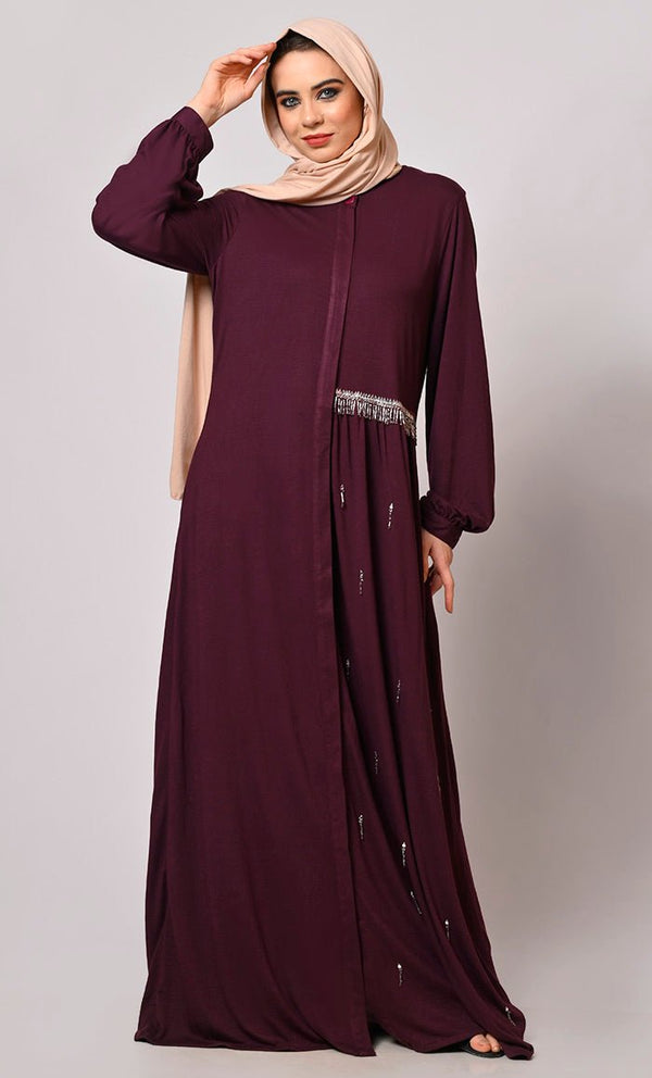 Crafted With Care: Wine Abaya with one side waist Gathers and Handwork - EastEssence.com