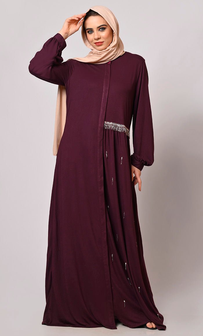 Crafted With Care: Wine Abaya with one side waist Gathers and Handwork - EastEssence.com